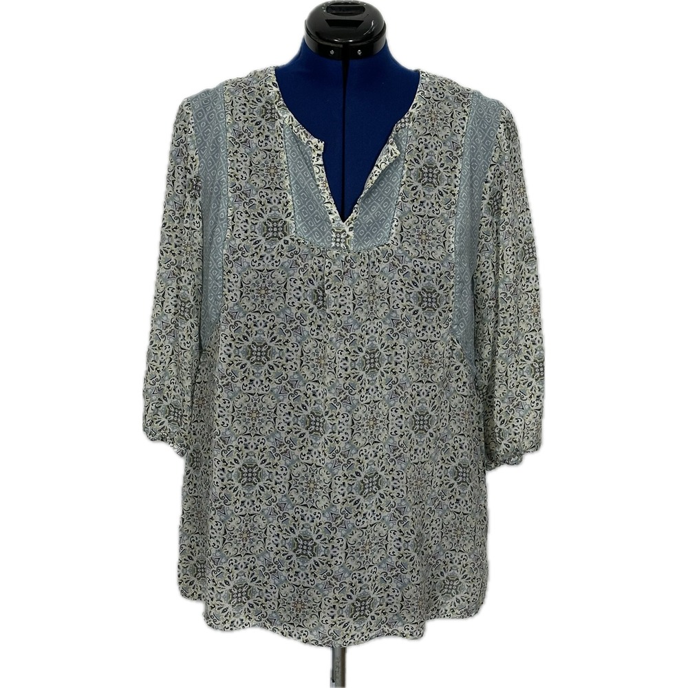 J. Jill Blouse Split Neck Medallion Print Large Petite Blue Gray Peasant Top